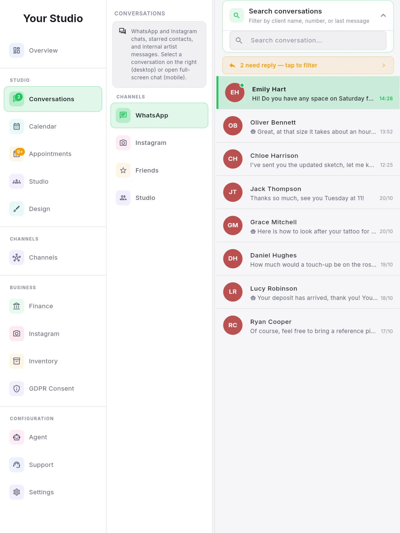 Inkconscious Studio on iPad: menu with Conversations, Calendar, Appointments, Finance, Instagram, Stock, GDPR consent, Agent