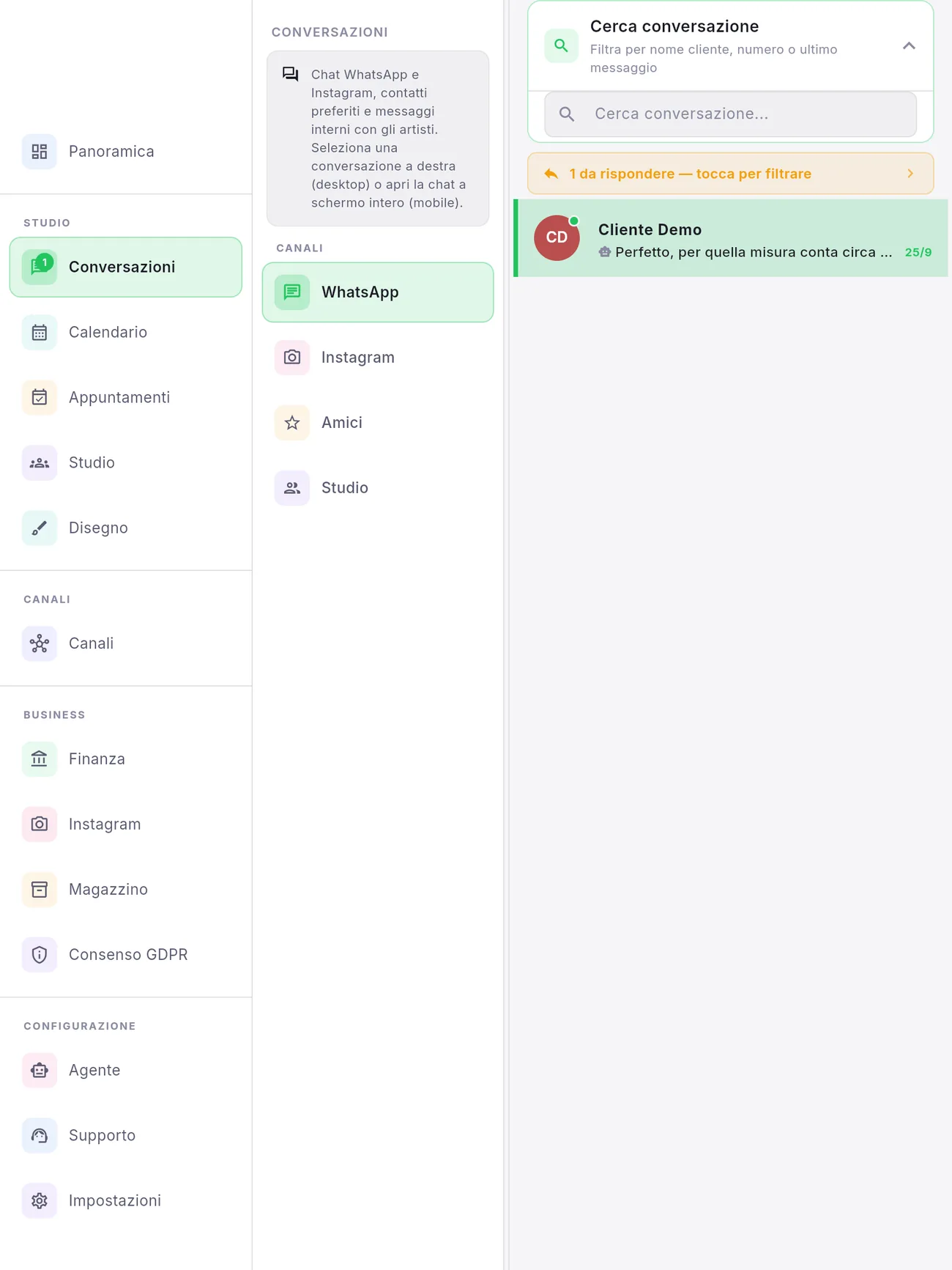 Inkconscious Studio on iPad: menu with Conversations, Calendar, Appointments, Finance, Instagram, Stock, GDPR consent, Agent